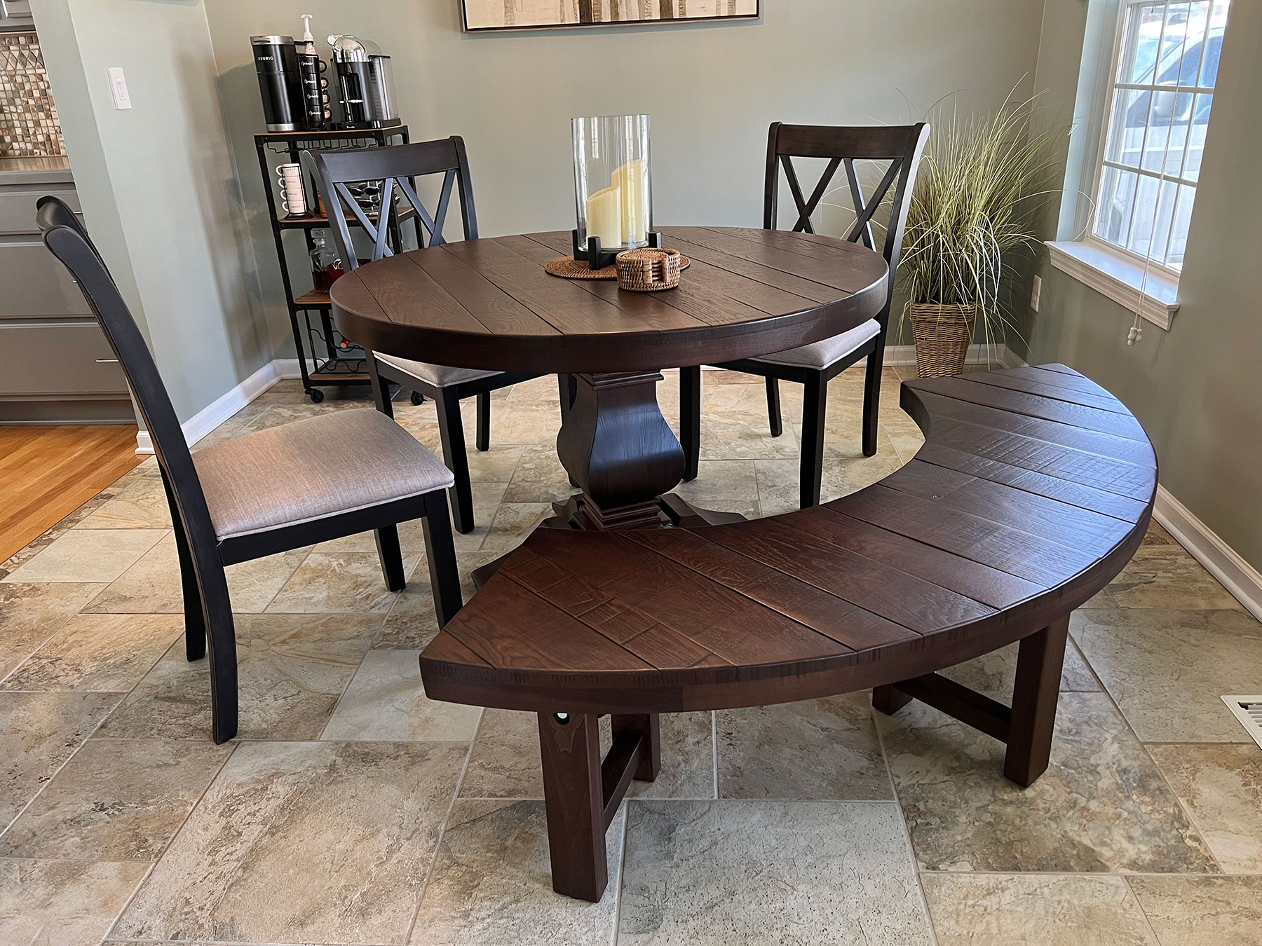 farm curved benches for round tables