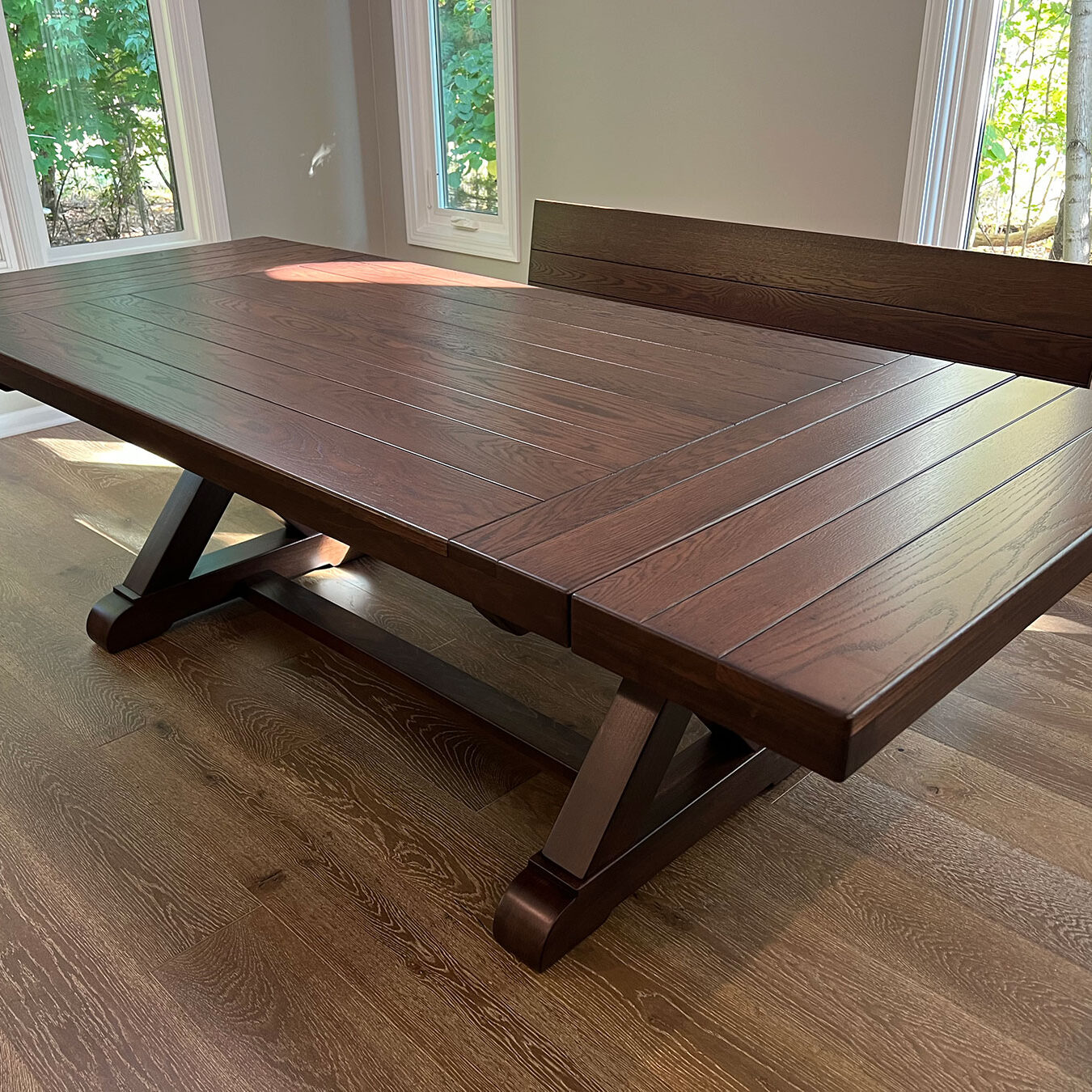 the fulton trestle farmhouse table with slide-in leaf extensions the fulton trestle farmhouse table with slide-in leaf extensions